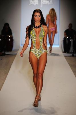 Graphic print one-piece swimsuit at the Luli Fama 2010 fashion  <br/>show during Mercedes-Benz Fashion Week Swim in Miami Beach, July 18,  <br/>2009 